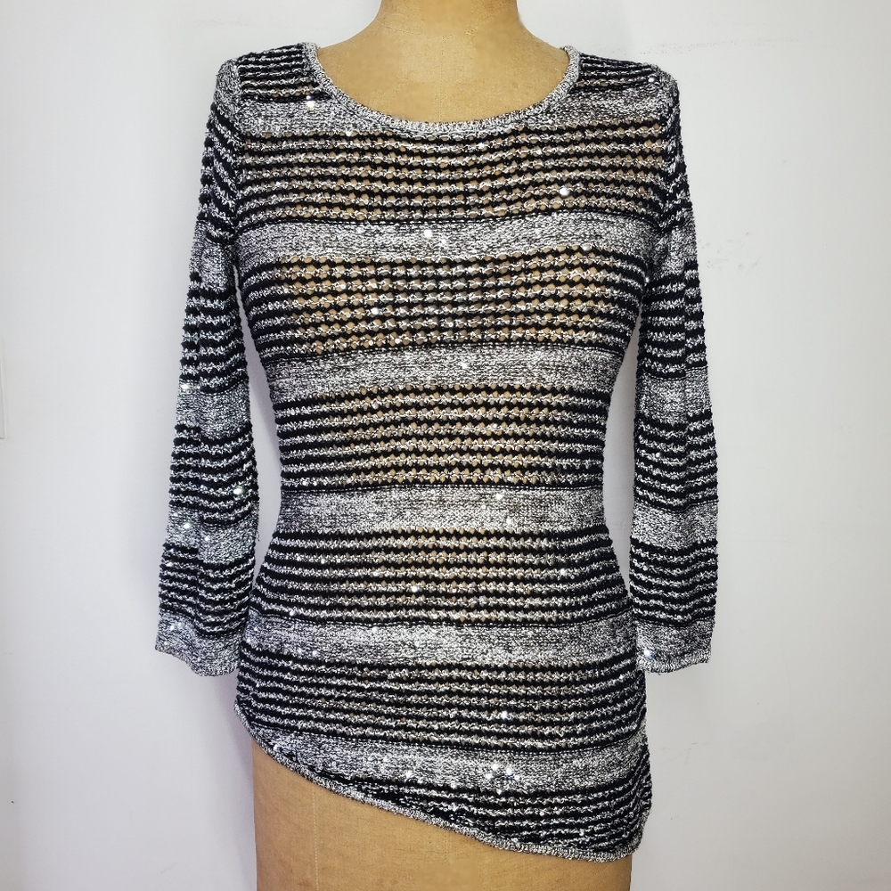 INC International Size S Knit Sweater Striped Silver Black 3/4 Sleeve Asym Hem